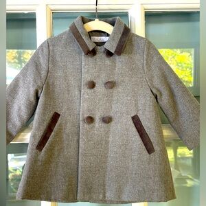 Boys flannel grey coat with velvet buttons and trim. Size 6m